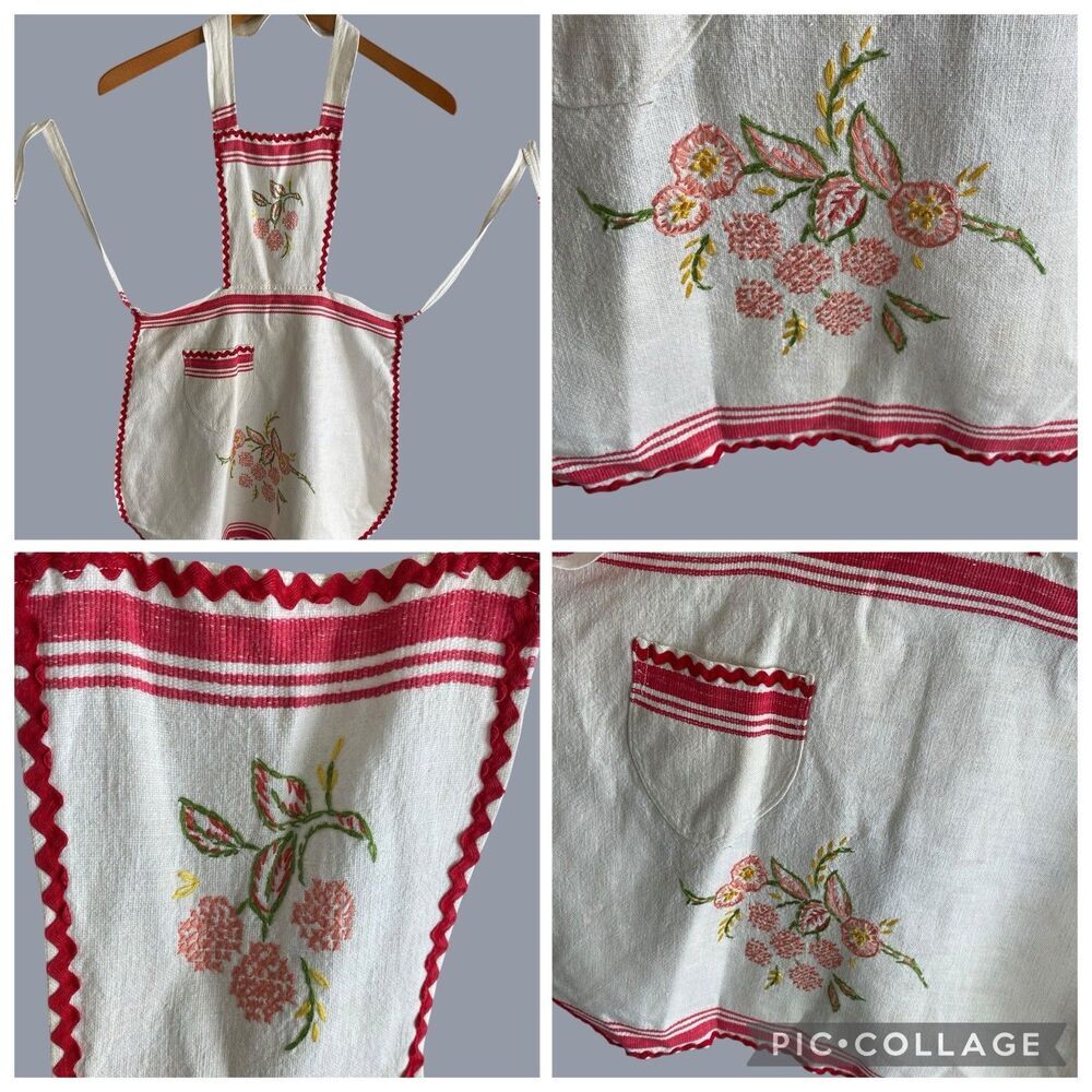 Vintage Apron Girl's One Size Embroidered Handmade Red Striped Dishtowel